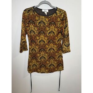 E.K. Designs Women Gold Black Baroque 3/4 Sleeve Tunic Top Side Ties Small